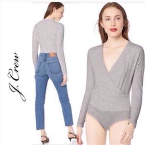 J. Crew Heather Grey Wrap Long Sleeve Bodysuit Sz L Quiet Luxury Minimalist